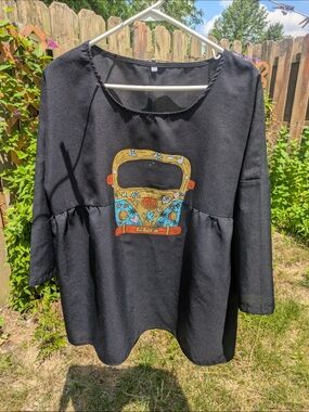 Black Tunic Top with Colorful Peace Bus Graphic